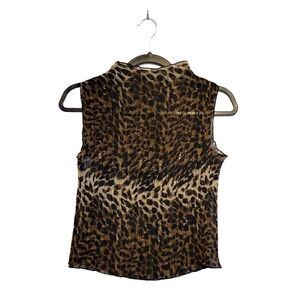 Womens Top Animal Print L Pleated Sleeveless High Neck Sheer Tag Cut
